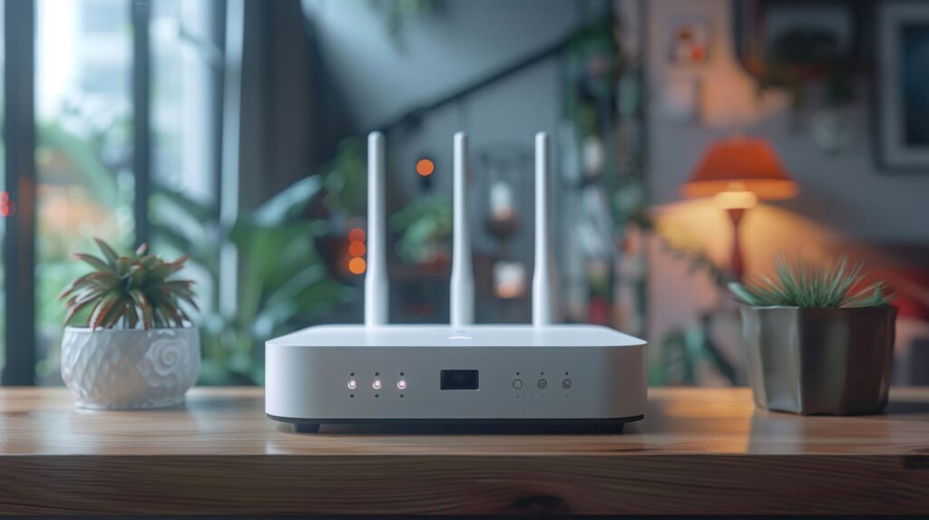 Ein moderner Router mit drei Antennen, der in einem Smart Home für stabile WLAN-Verbindungen sorgt. Leistungsstarke Netzwerkinfrastruktur bildet das Rückgrat intelligenter Gebäudetechnologie.