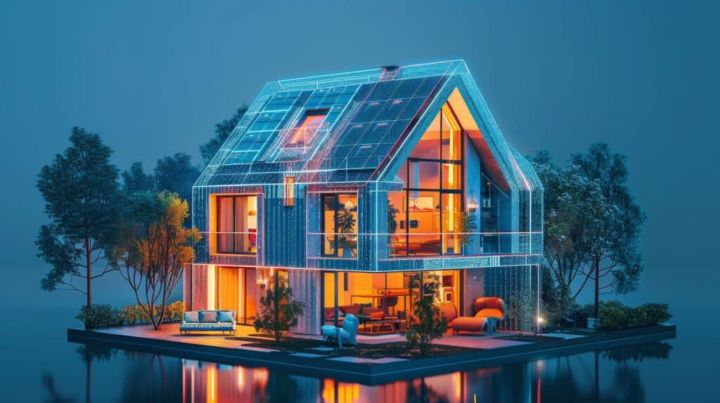 Ein modernes Smart Home mit digital vernetzter Architektur, das smarte Technologien wie intelligente Haustechnik und effiziente Energiemanagement-Systeme integriert.