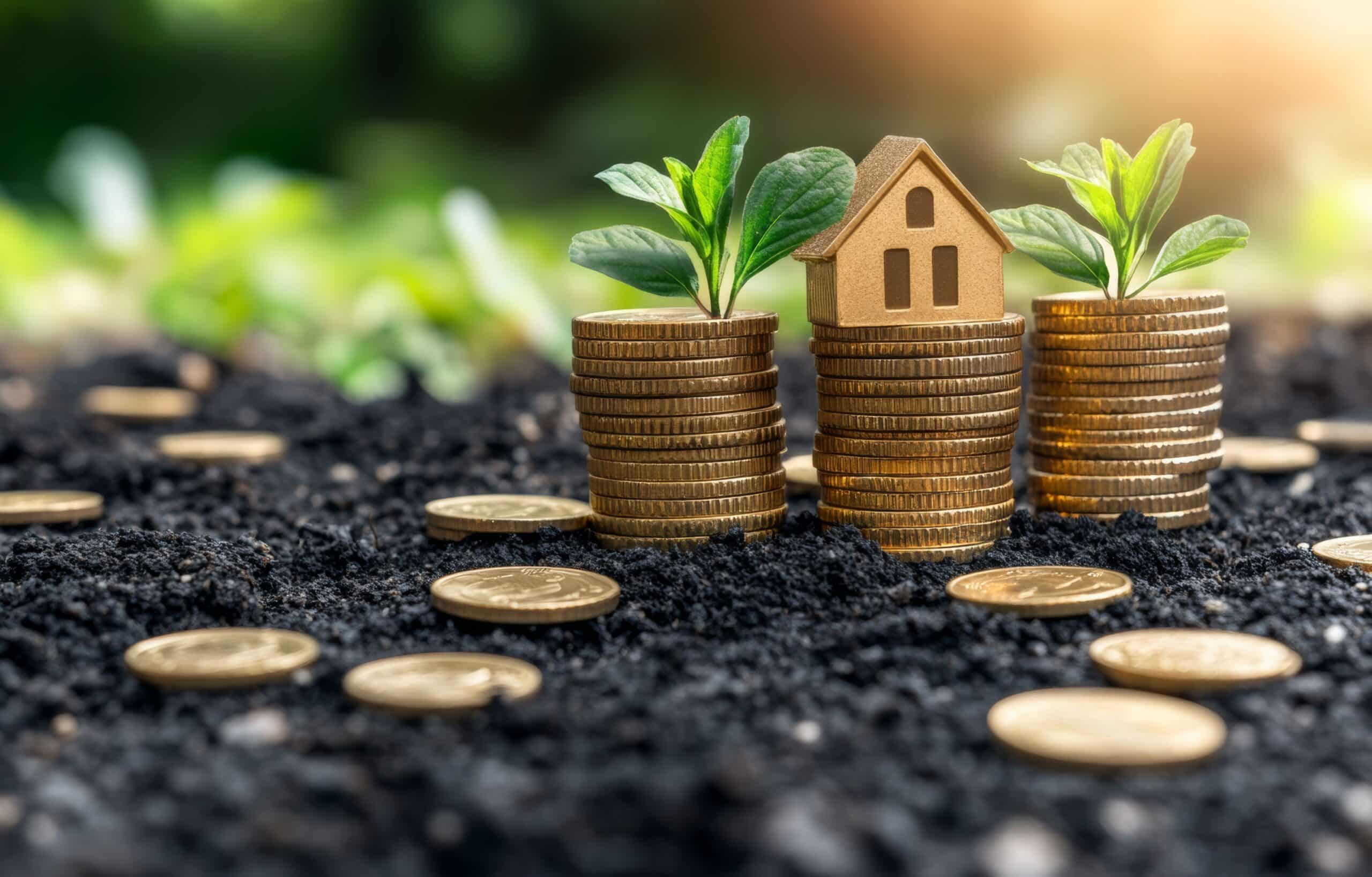 Münzen mit Pflanzentrieben und Hausmodell stehen für nachhaltige Investition in ein Gründach