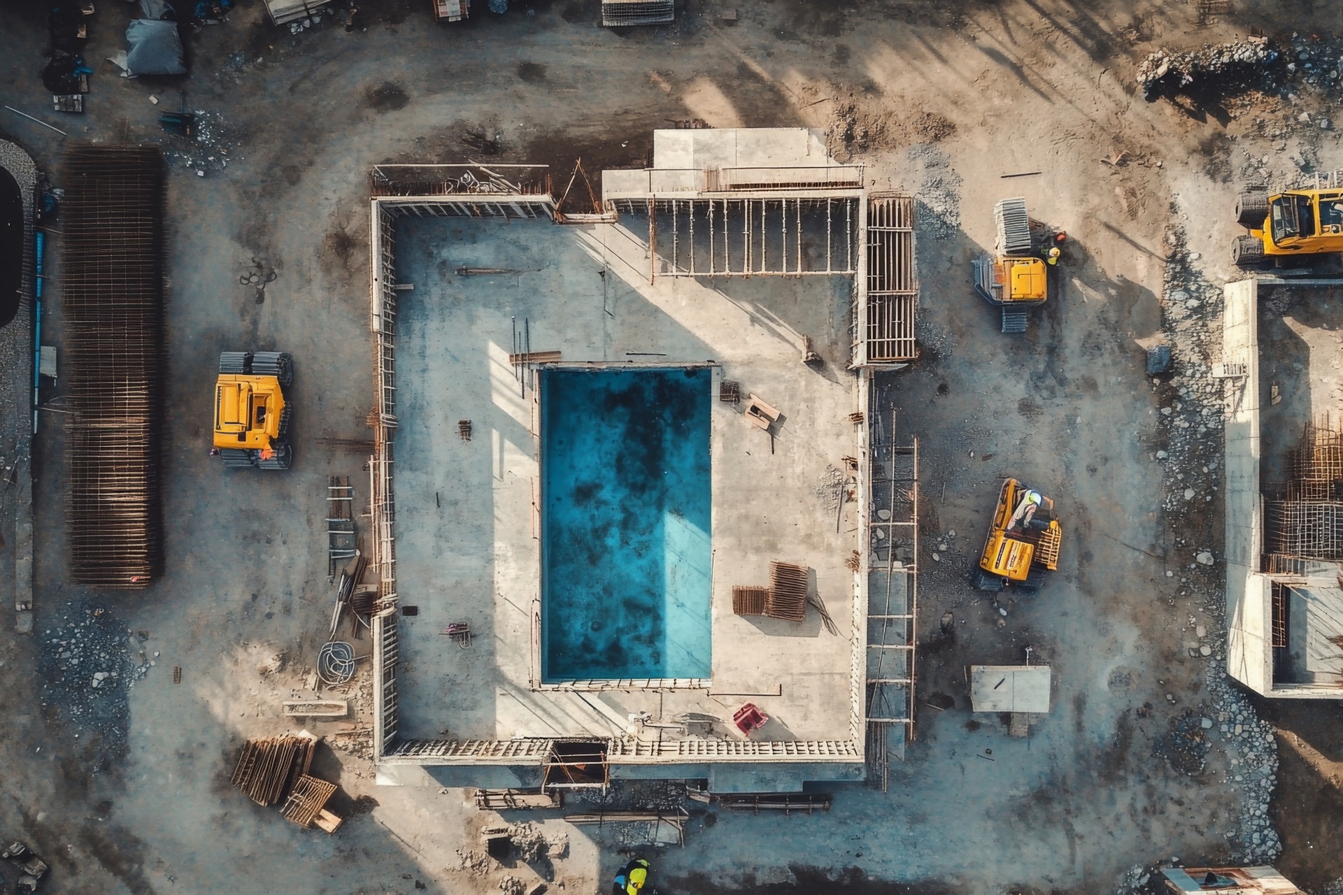 Baustelle mit Poolfundament und Baufahrzeugen | Siloschlauch