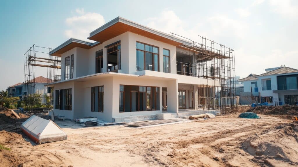 Neubau mit Gerüsten in moderner Wohnsiedlung | Siloschlauch