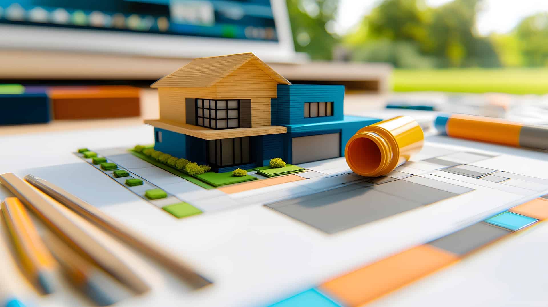 Modellhaus mit Entwurfszeichnungen | Solaranlage Jena

