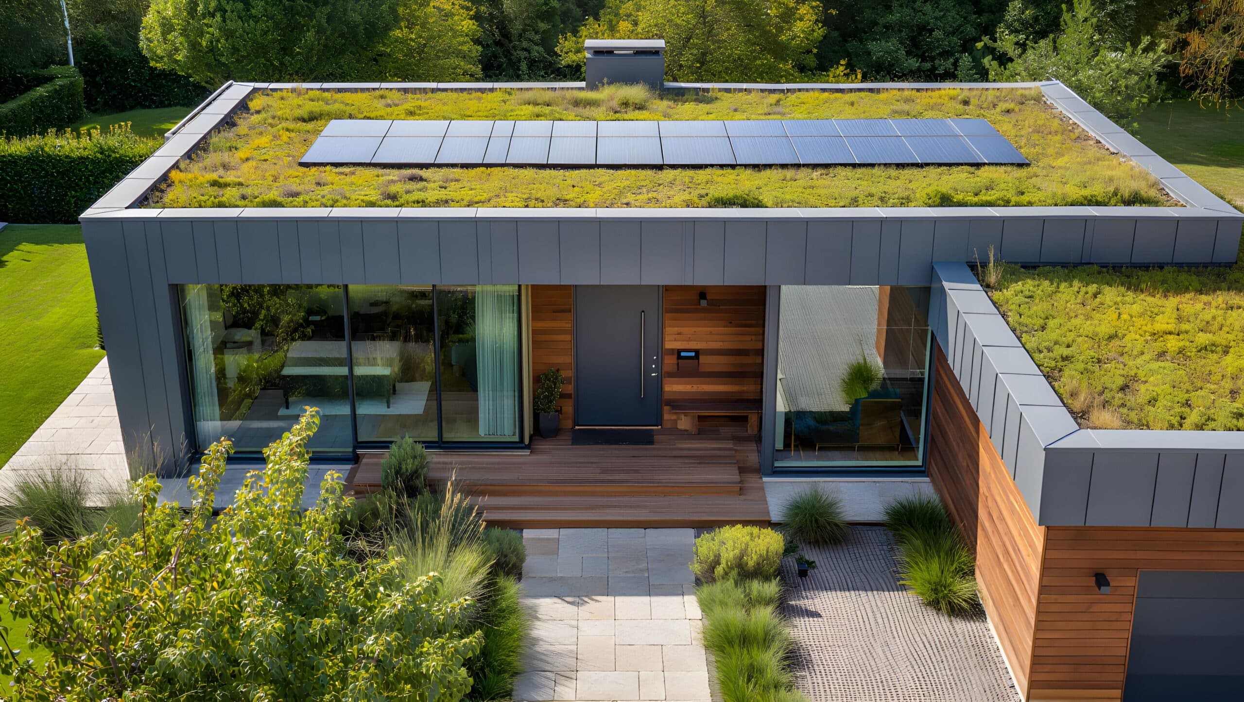 Nachhaltiges Wohnhaus mit Solarpanelen und grünem Dach in moderner Architektur 