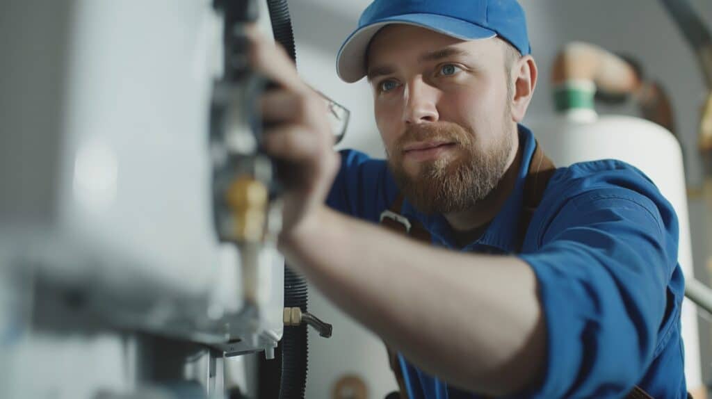 Installateur arbeitet an Heizungsanlage | flexible Schläuche