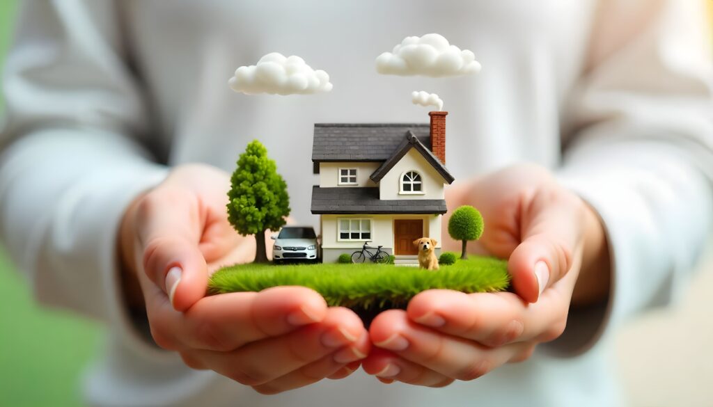 Hände, die ein Miniaturhaus halten, was Eigenheim und ein friedliches Familienleben symbolisiert.