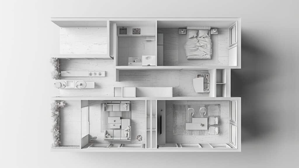 3D-Grundriss einer modernen Wohnung | Kommode Wohnzimmer