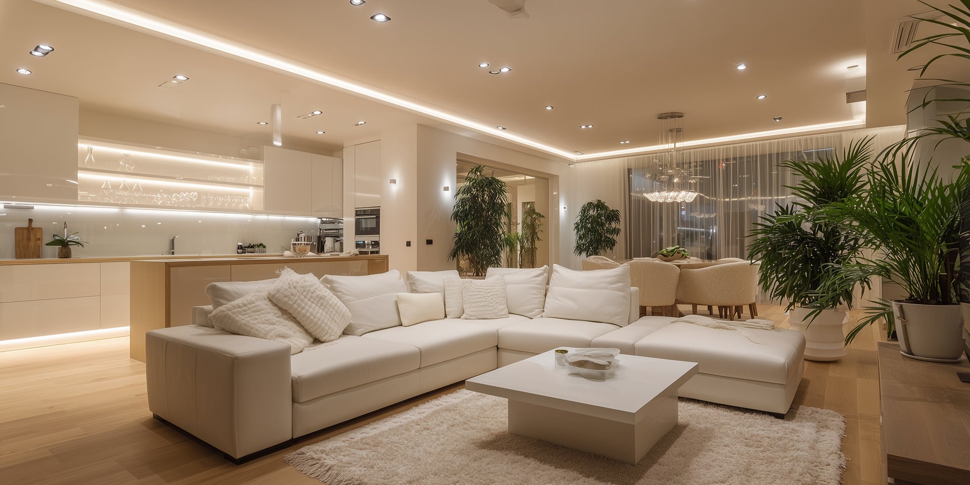 Modernes Wohnzimmer mit heller Küche | Kommode Wohnzimmer