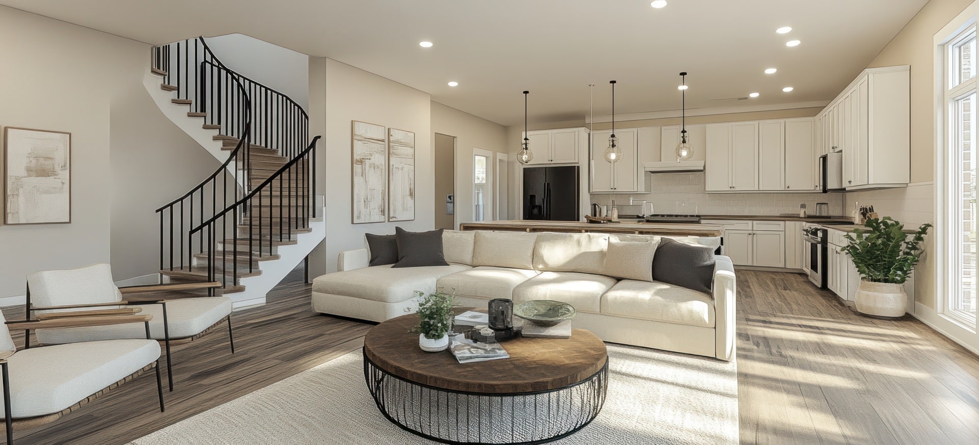 Helles Wohnzimmer mit offener Küche | Kommode Wohnzimmer