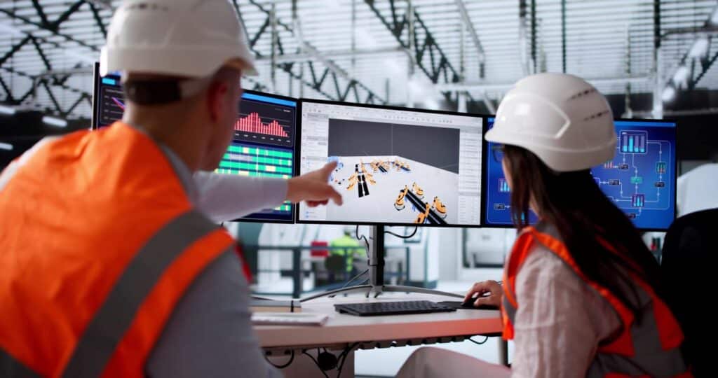 Zwei Ingenieure analysieren eine digitale Produktionslinie mit Fokus auf Montagevorrichtungen in der virtuellen Planung