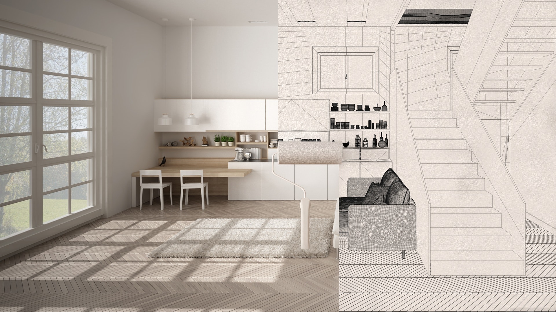 Übergang Skizze zu fertiger Küche und Treppe | Schallschutzwände